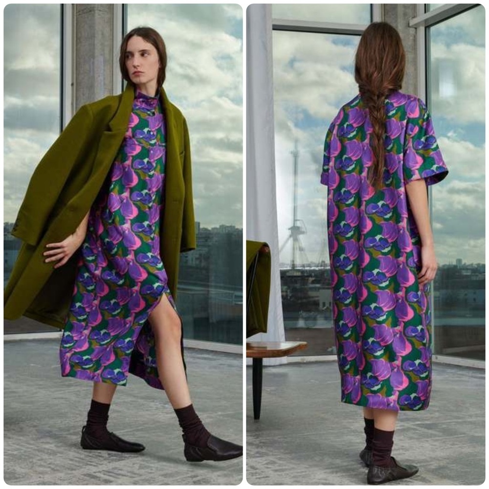New! SOEUR Witty Abstract-Print Belted Silk Purple and Green Rose Midi Dress 💜